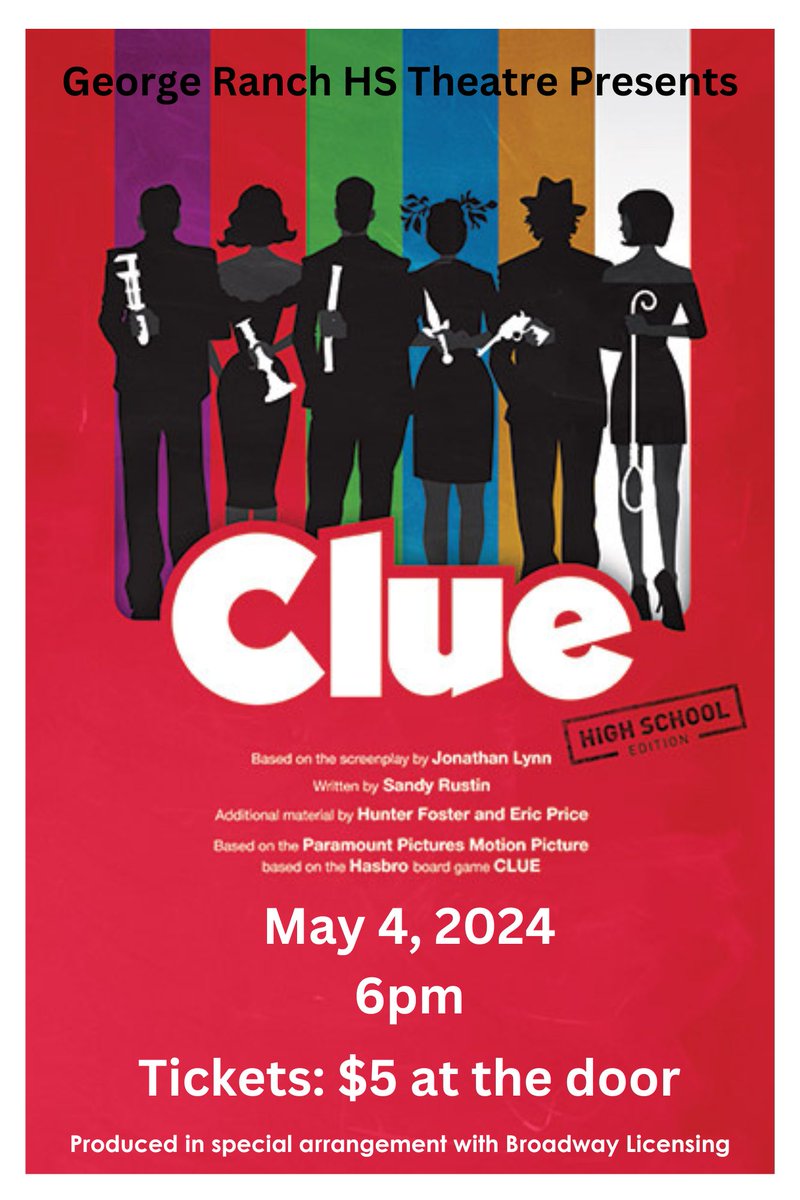 Longhorn Players (@longhorn_player) on Twitter photo THIS SATURDAY! GRHS Varsity Theatre performs Clue: On Stage - High School Edition at 6pm. Tickets are $5 - see you there! <a href="/WeAreGRHS/">@WeAreGRHS</a> <a href="/pinkpatterson/">Heather Patterson</a> <a href="/rjhtheatre/">Longhorn Players at RJH</a> @LamarConsPVA #WeareGR #lcisd #theare THIS SATURDAY! GRHS Varsity Theatre performs Clue: On Stage - High School Edition at 6pm. Tickets are $5 - see you there! <a href="/WeAreGRHS/">@WeAreGRHS</a> <a href="/pinkpatterson/">Heather Patterson</a> <a href="/rjhtheatre/">Longhorn Players at RJH</a> @LamarConsPVA #WeareGR #lcisd #theare