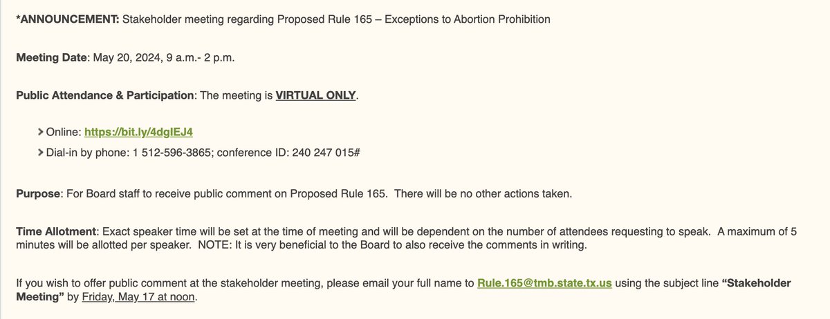 INBOX: On May 20, the Texas Medical Board will hold a virtual meeting for Texans to share their opinions on the proposed exceptions to the state's near-total abortion ban. #txlege Meeting info: tmb.state.tx.us/page/proposed-… Background on proposed guidance: communityimpact.com/austin/south-c…