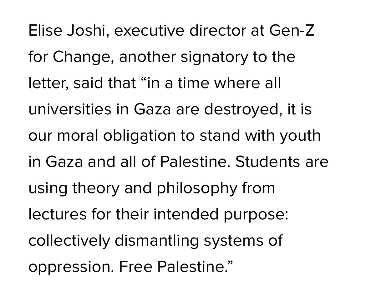 @ColumbiaSJP @HuffPost @YasmineTaeb 🚨@genzforchange’s @EliseJoshi: “in a time where all universities in Gaza are destroyed, it is our moral obligation to stand with youth in Gaza and all of Palestine.”