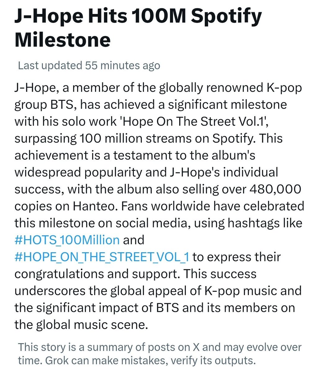 'J-hope hits 100M Spotify Milestone' X summarizes the trend so well. 👍 CONGRATULATIONS J-HOPE #HOTS_100Million