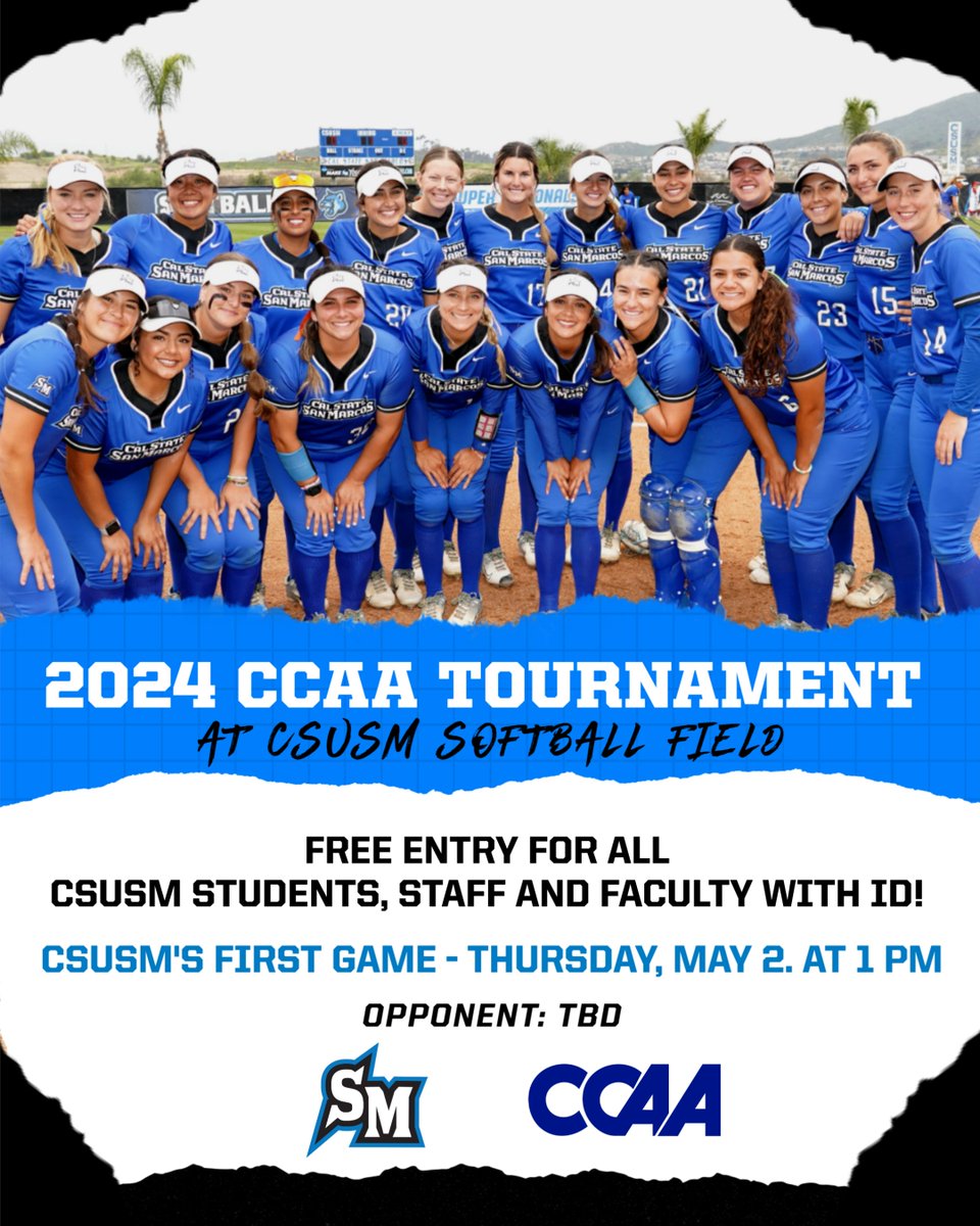 Come out and support the @CSUSMsoftball team as they compete in the CCAA Championships right here on our campus! First Cougar game is slated for 1 p.m. on Thursday. Free admission for all CSUSM students, staff and faculty! #BleedBlue