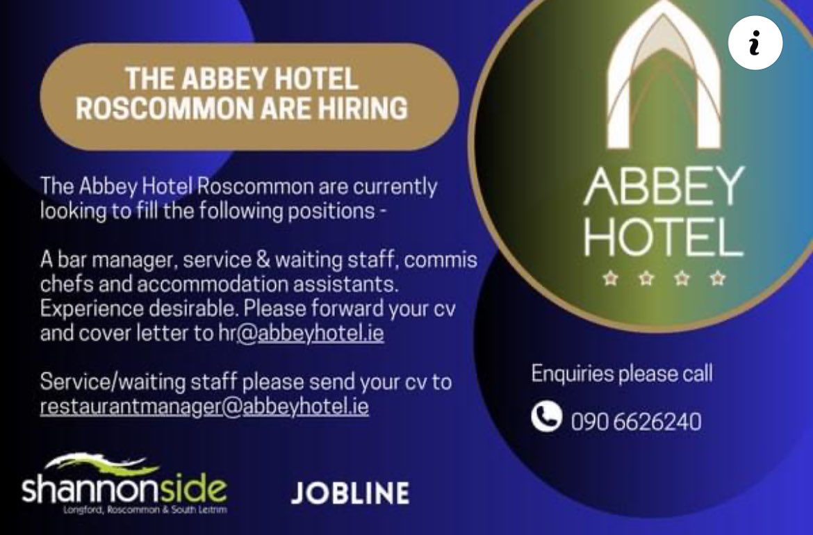 #hoteljobs #waiters #waitress #barmanager  #accommodationstaff #WeAreHiring #jobsinroscommon