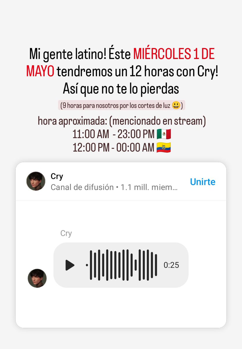 xCryEcu's tweet photo. Éste miércoles 1 de Mayo tendremos el 12 horas con Cry!

Hora aproximada:
11:00 AM - 23:00 PM 🇲🇽 
12:00 PM - 00:00 AM 🇪🇨 https://t.co/a7liHUS8nV