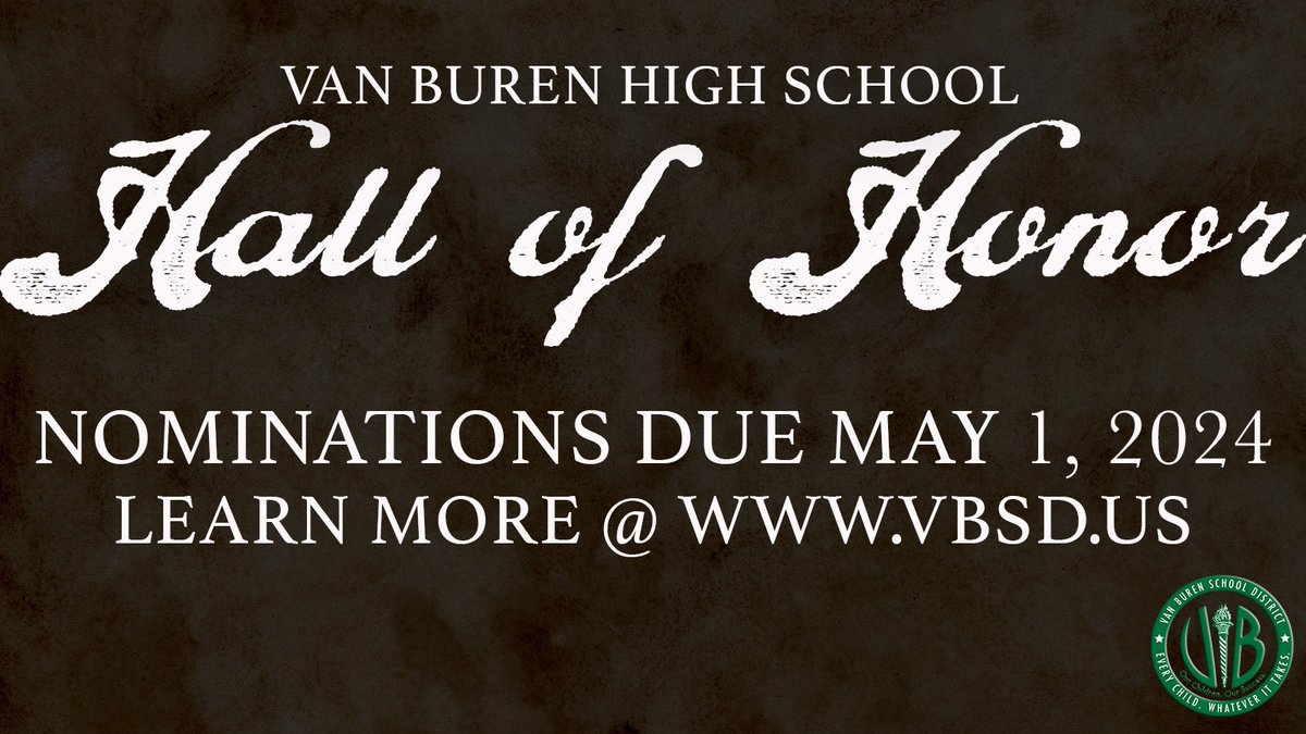 Time is running out! 🕐 Help VBSD recognize our distinguished alumni by nominating them for the Van Buren High School Hall of Honor! Submission deadline is this Wednesday, May 1. Learn more: vbsd.us/news/post/1404… #PointerPride