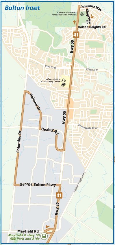 Tomorrow (Apr 30) is the last day of operations of Caledon Transit in Bolton. Starting May 1, Brampton Transit will be taking over service along Hwy 50, with a revised route. While this eliminates the double fare, it also comes with a frequency reduction from 30 to 110 minutes