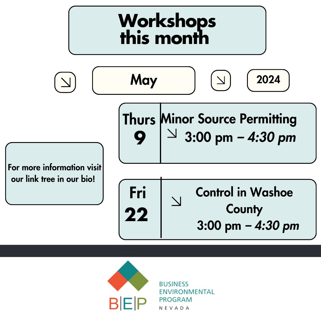 In the month of May, BEP is hosting two workshops! These workshops will focus on who needs a permit, and permit categories. Our other workshop will focus on dust control permits and control measures for dust. Find the link is in our bio to register! #NvBep #AirQuality #Permits