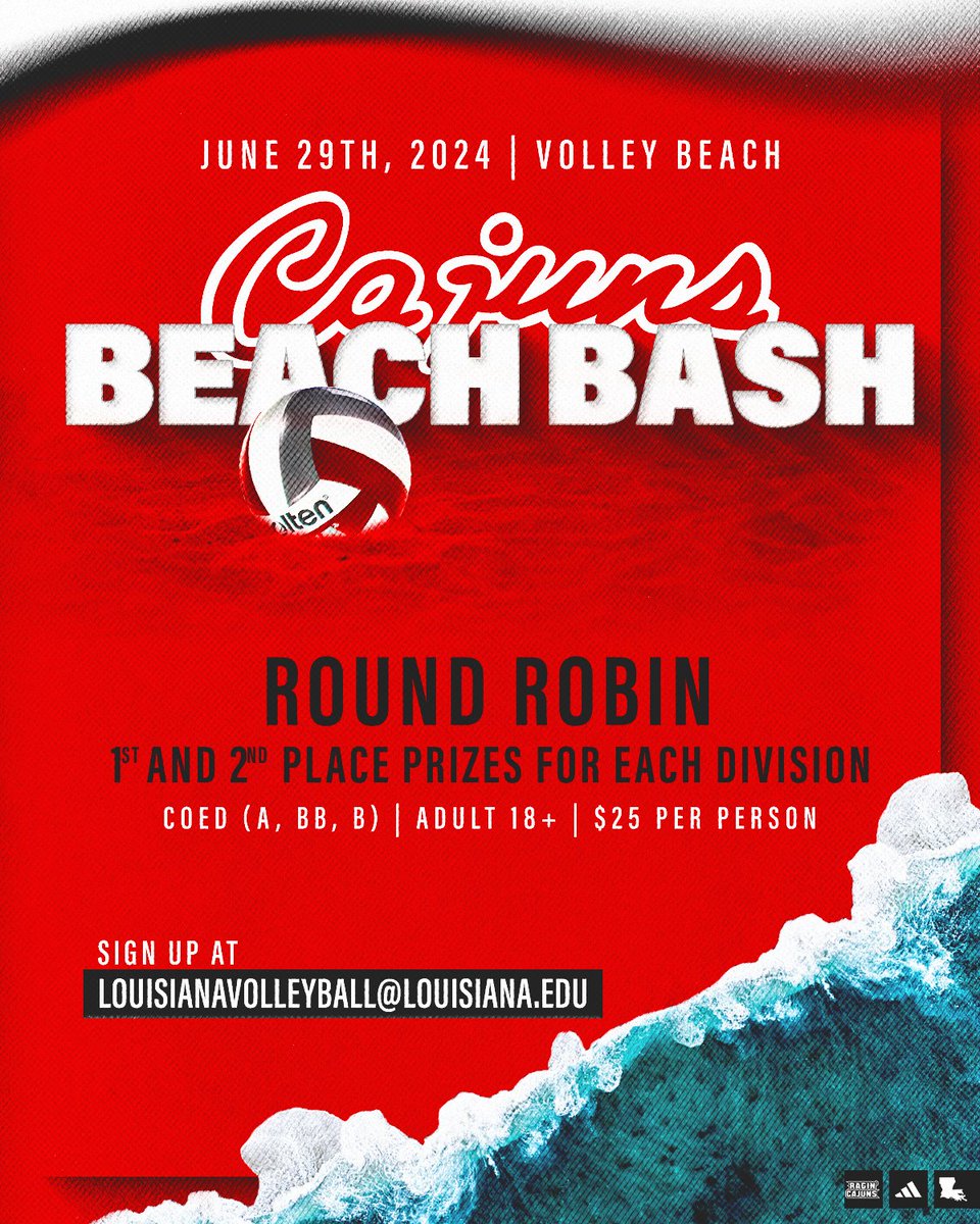 𝙁𝙪𝙣 𝙞𝙣 𝙩𝙝𝙚 𝙨𝙖𝙣𝙙 this summer! 🏖🏐 🗓 June 29 📍 Volley Beach To join in on the fun, email louisianavolleyball@louisiana.edu #GeauxCajuns