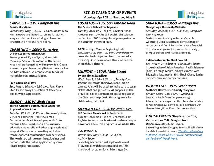 We are closing the chapter on April and starting new with May. Here's a sample of this week's free programs. Find the full calendar at sccld.org/events/