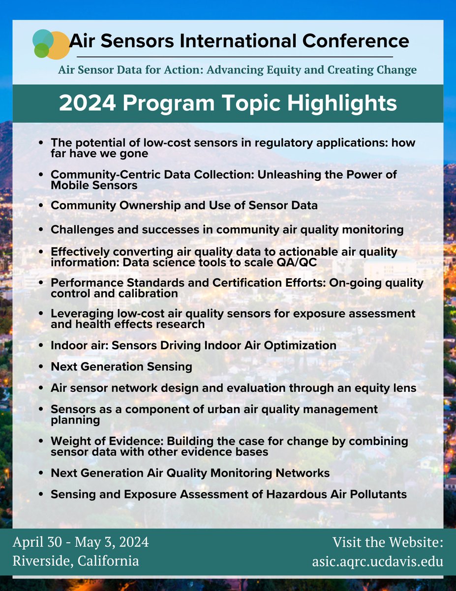 ASIC 2024 is here! Get ready for this year's conference by checking out some of our session topics! We look forward to seeing you! Find the full conference schedule and program information on our website: asic.aqrc.ucdavis.edu/events/asic-20… #ASIC2024 #airsensors #airquality #lowcostsensors