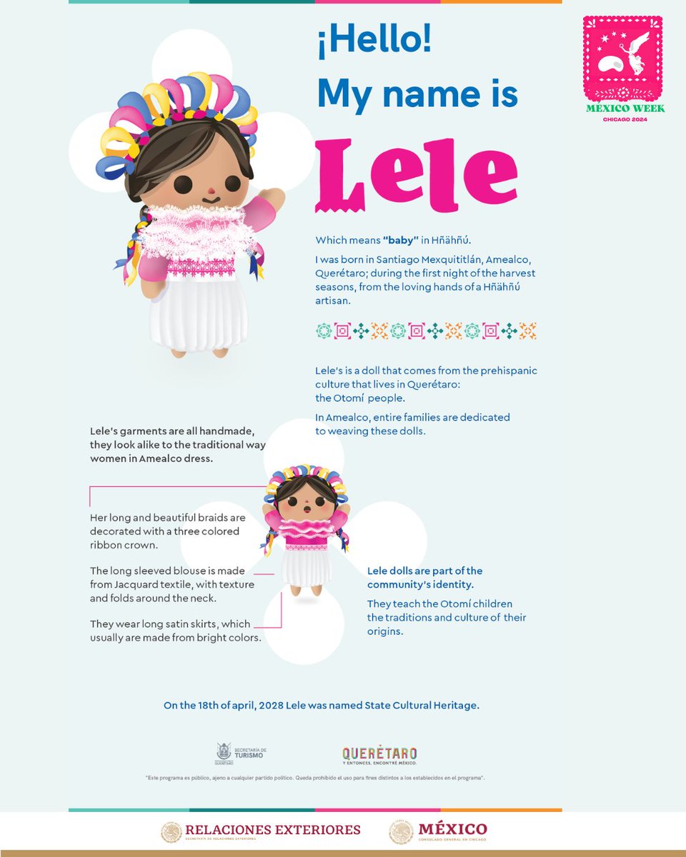 #SemanaDeMéxicoEnChicago ✨🇲🇽 Lele is a handmade doll from Amealco, Querétaro. In 2018 was designated as cultural heritage of the state. 📸😍Take a picture with a 10-foot tall Lele doll! May 3-5 at Navy Pier.
