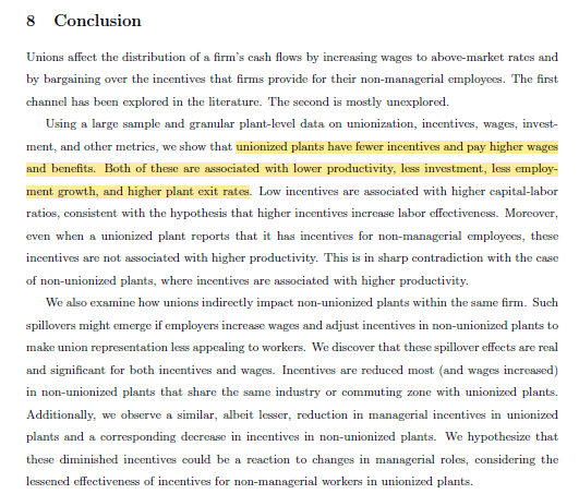 'What do Unions do? Incentives and Investments' papers.ssrn.com/sol3/papers.cf… 'union workers experience slower wage growth' 'unionized plants have a higher likelihood of exiting' 'the wage advantage enjoyed by union workers gradually diminishes over time'