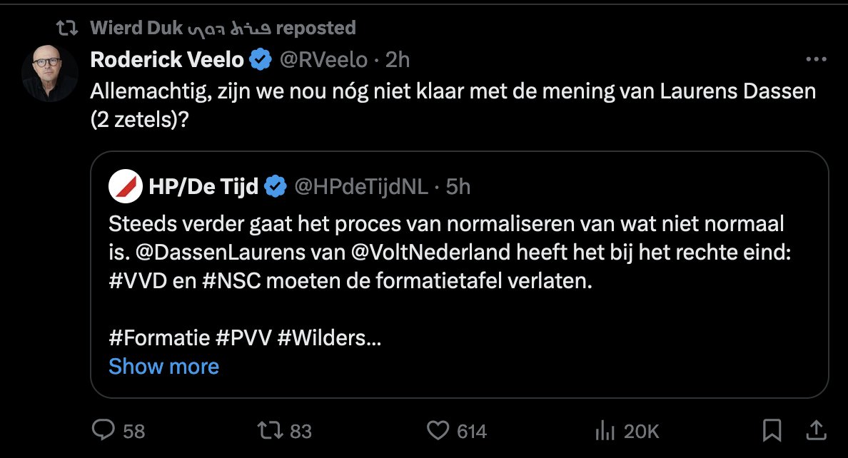 Riepen de heren @RVeelo en @Wierdduk dit ook toen het FvD, PVV of de BBB nog maar een paar zetels hadden en in iedere talkshow mochten aanschuiven en paginagrote interviews kregen in de dagbladen??