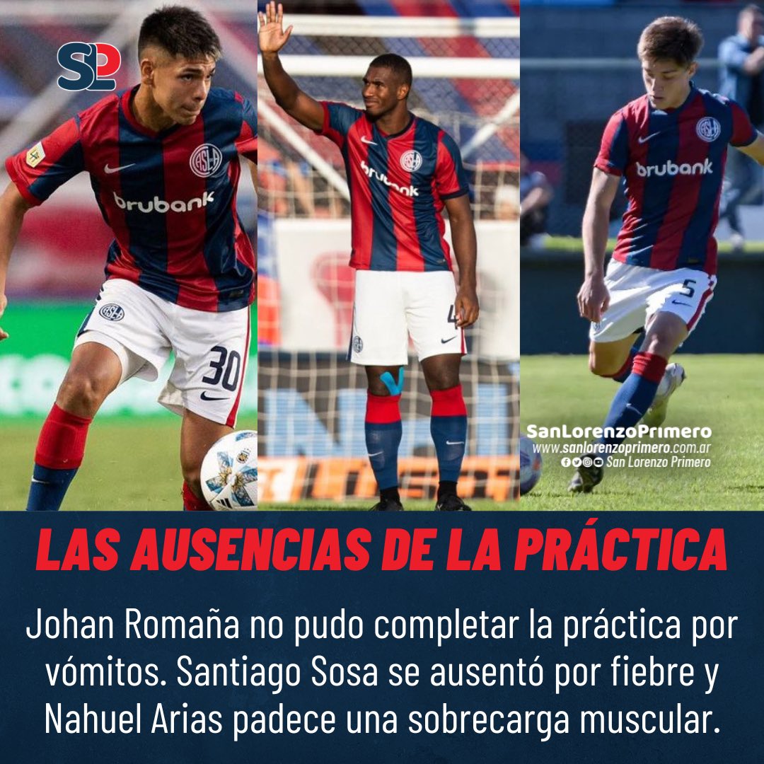 LOS AUSENTES DE HOY ❌ El plantel profesional de #SanLorenzo recibió la vacuna de la gripe y tanto Johan Romaña como Santiago Sosa, presentaron síntomas debido a la misma. Por su parte, Nahuel Arias padece una sobrecarga muscular. ℹ️ @gonzaaorellano y @abreuluca_