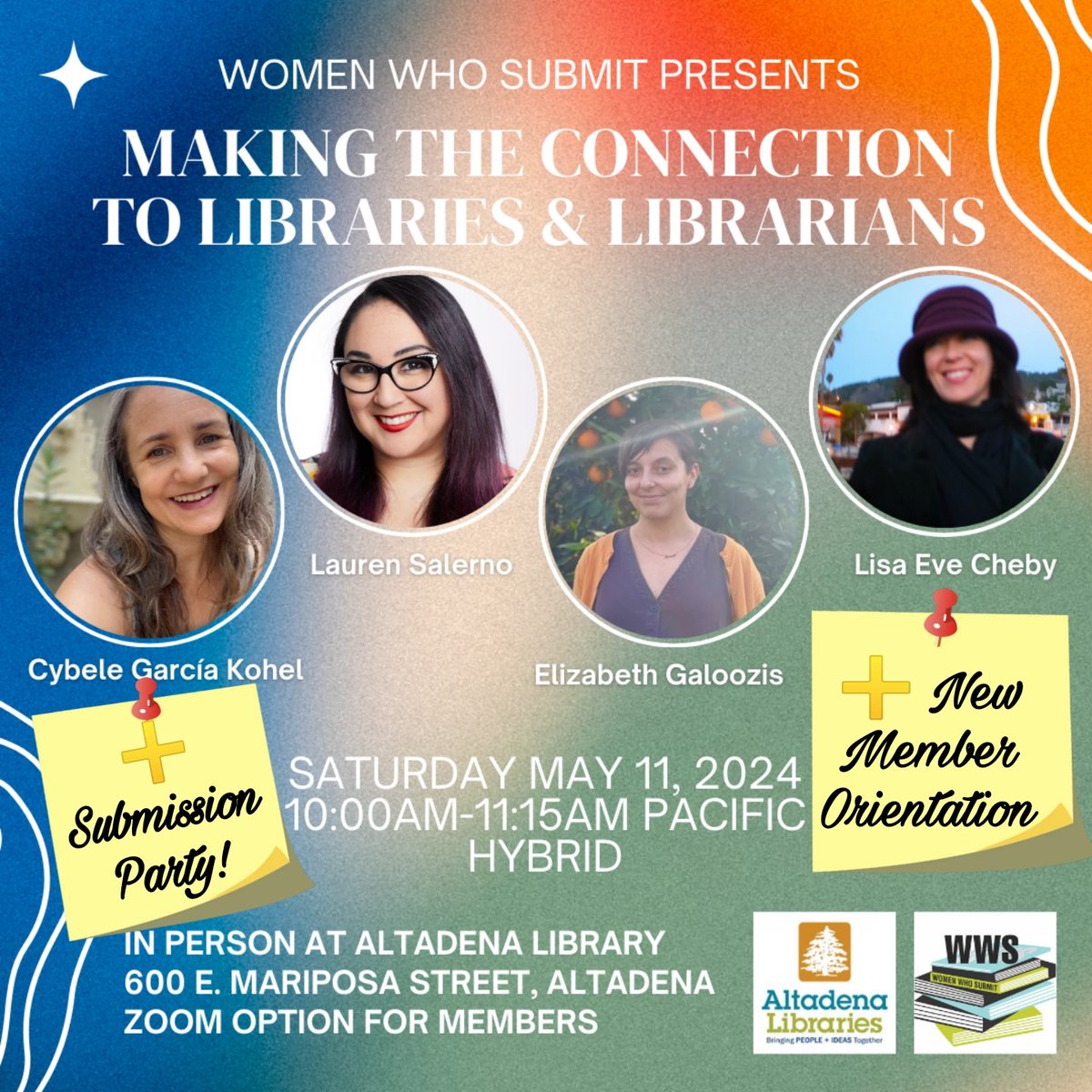 Your opportunity to join Women Who Submit as a new member in LA County! Sat., May 11, 2024, 10:00am PDT: “Making the Connection to Libraries & Librarians.” Our quarterly panel discussion and new member orientation/submission party! REGISTER HERE: womenwhosubmitlit.org/workshops/