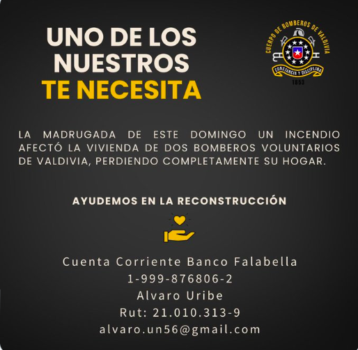 La madrugada de este domingo un incendio afecto la vivienda de dos bomberos de nuestra compañia, padre e hijo quienes perdieron completamente su hogar.
AYUDEMOS A RECONSTRUIR 
El Cuerpo de Bomberos agradece la difusión y colaboración #Valdiviacl #BomberosdeChile #Bomberos