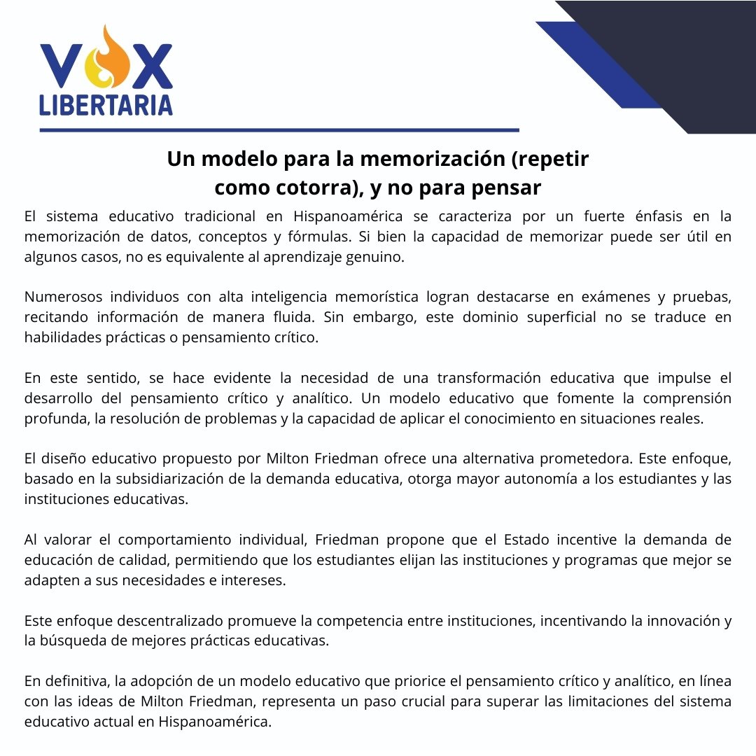 Un modelo para la memorización (repetir como cotorra), y no para pensar

#miltonfriedman 
#voucher 
#educacion 
#liberalismo 
#liberallibertario 
#vllc
#capitalismo