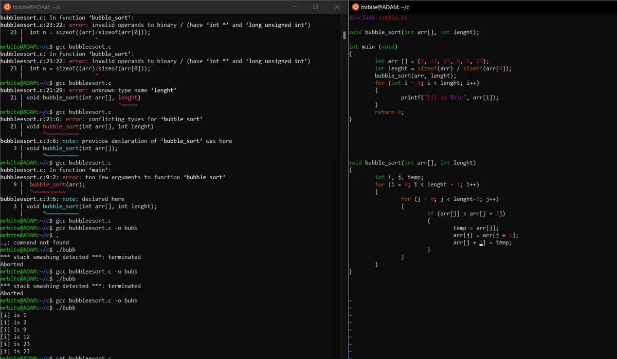 LadyPiness's tweet image. #day41 Learning from mistakes is the essence of coding. Corrected my bubble sort function and it&apos;s finally working! The satisfaction of seeing your code run smoothly after hours of debugging is unmatched.
#cisfun
#ALX_SE
#100DaysofALXSE
#100DayChallenge
#DoHardThing