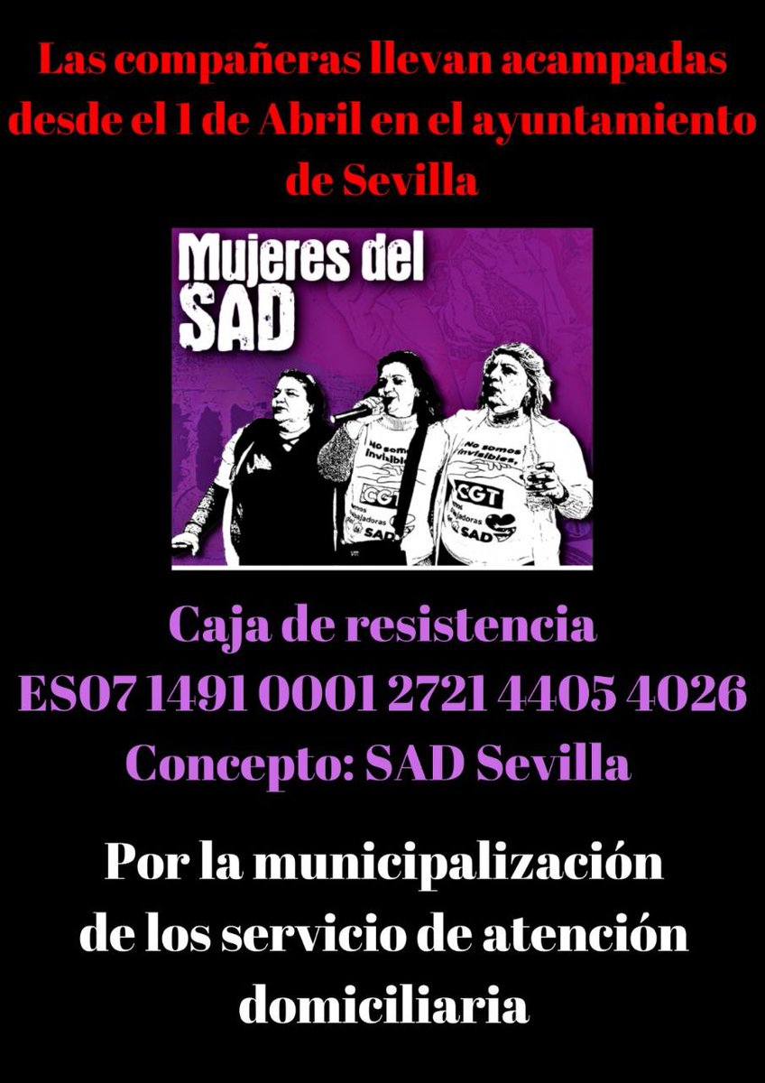 Las compañeras de SAD Sevilla siguen en lucha, acampadas frente al ayuntamiento. Necesitan todo el apoyo posible para seguir resistiendo.✊