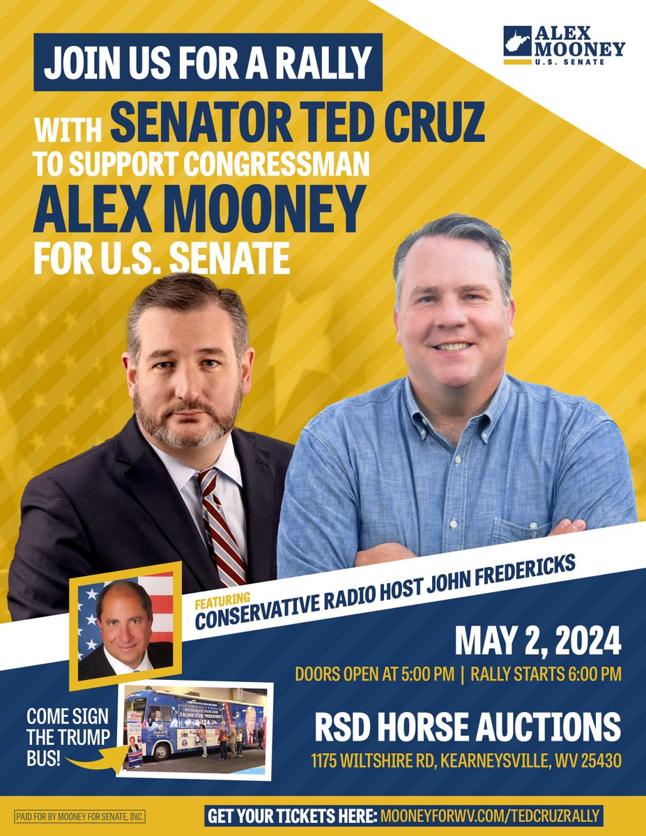 This Thursday, come see @TedCruz and @jfradioshow in Kearneysville! You won’t want to miss it!