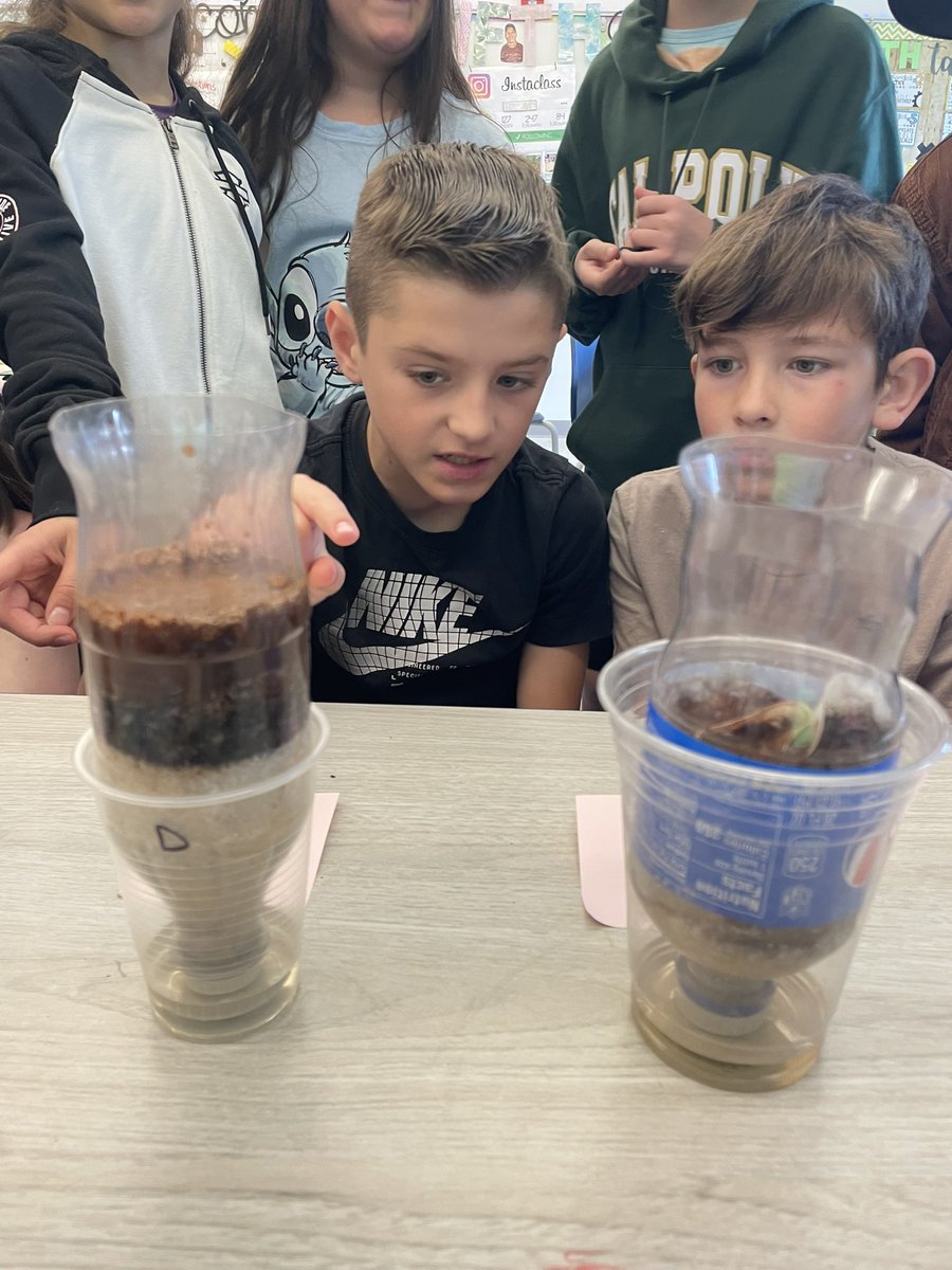 Woo hoo they did it! Awesome @TeachNgineering lesson where groups chose 3 different materials to create a water filter with. Then, we put them to the test and we watched everyone’s filters go to work as we poured in the muddied water #johnsonpride