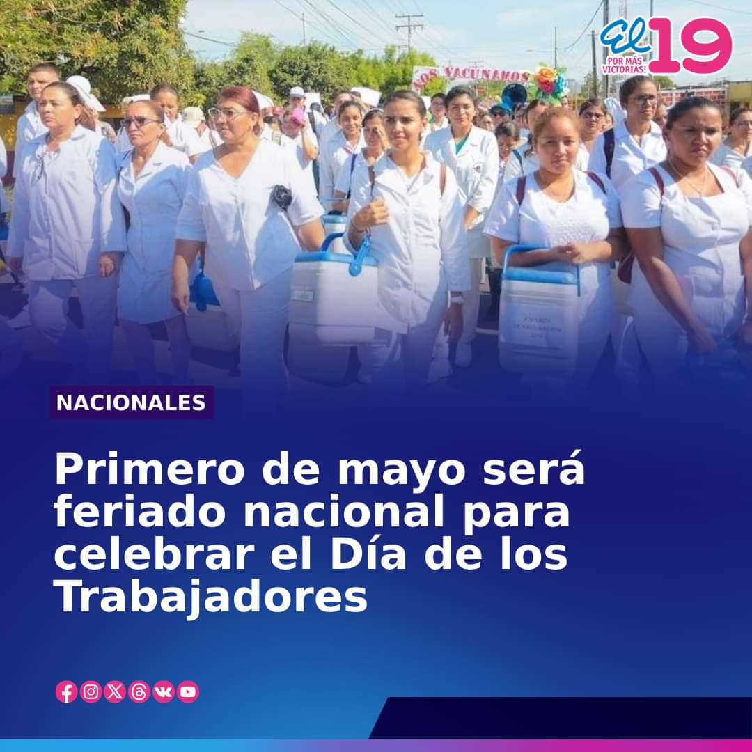 #Nicaragua El próximo primero de mayo, Día de los Trabajadores, será feriado nacional obligatorio con derecho a descanso y salario, informó la Vicepresidenta Cra. Rosario Murillo. #4519LaPatriaLaRevolución seguimos #EnDefensaDelFSLN ✌️🔴⚫✊