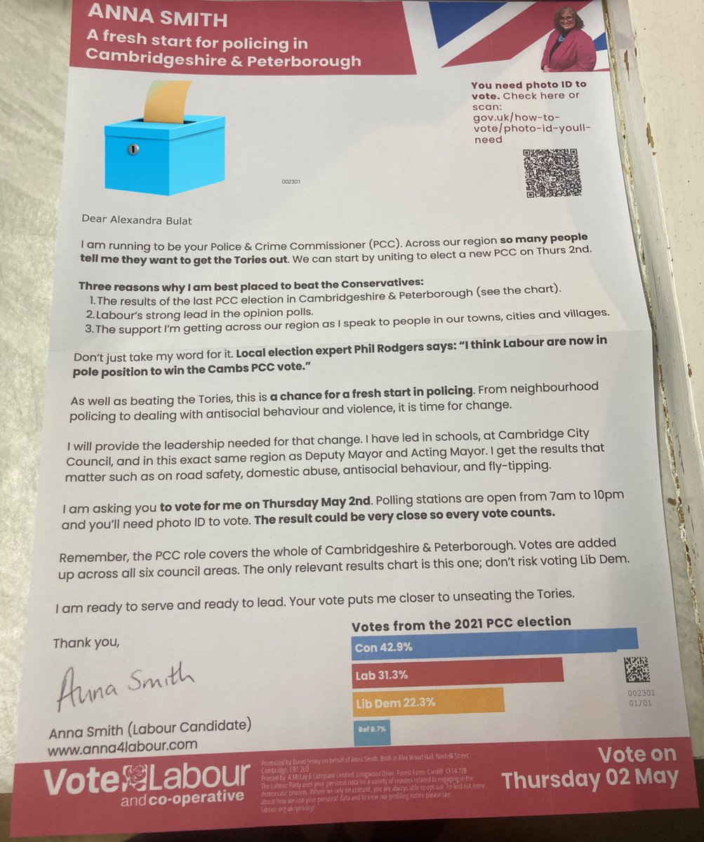 Nice to get back home and see @anna4labour’s direct mail for the Police and Crime Commissioner elections on 2 May. Clear message that Labour is best placed to win against the Tories the PCC vote across Cambridgeshire and Peterborough. Looking forward to vote for Anna on