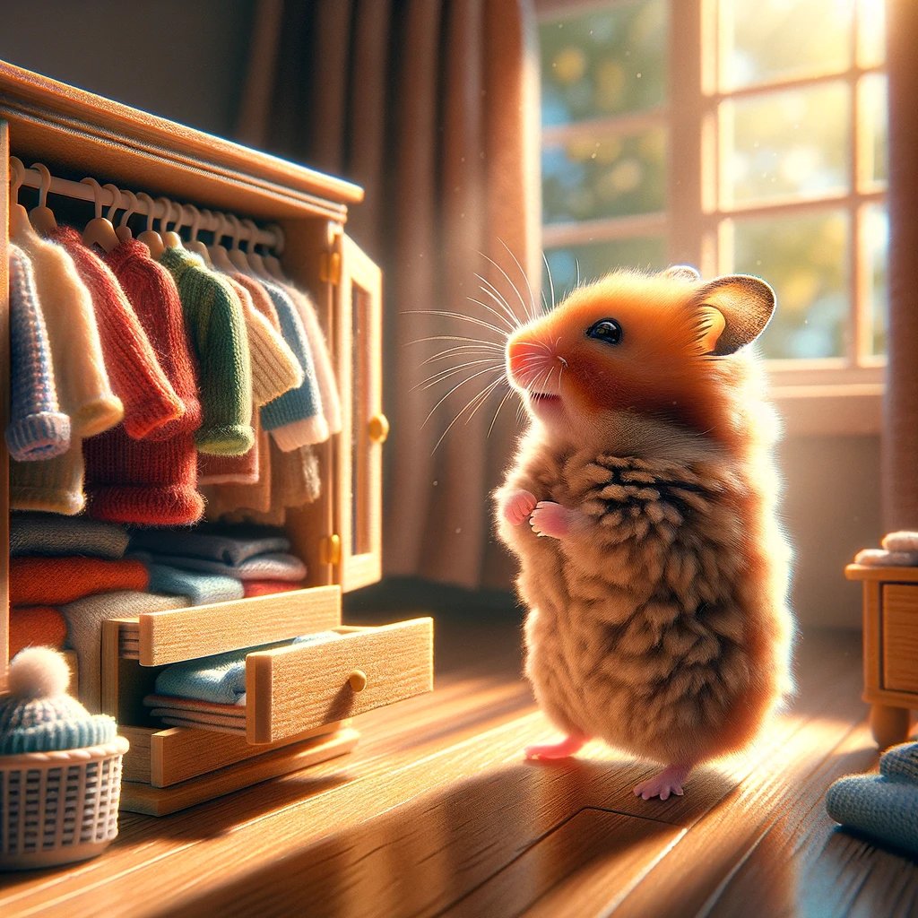 🐹🐾 GM // Good Morning // Happy Tuesday // Just can't decide what to wear today // It seems that today will be nice and sunny

#NFTHamsters #Tuesday #Morning #TuesdayMotivation #AIArtistCommunity #NFTCollection #Hamster #Crypto #TokenSale