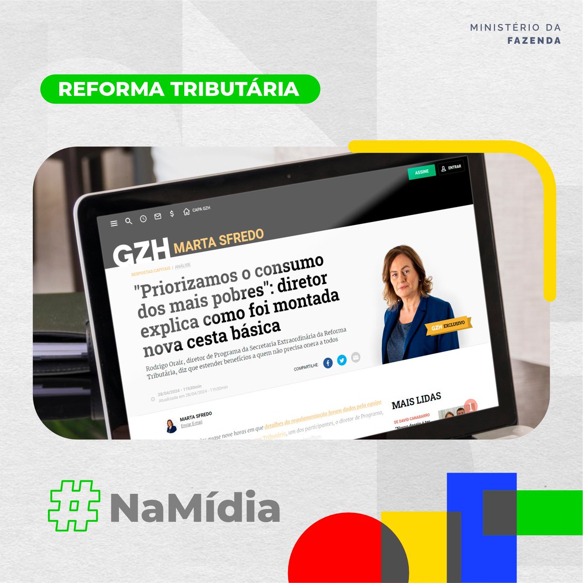 #NAMÍDIA I Em entrevista ao jornal Zero Hora, Rodrigo Orair, diretor de Programa da Secretaria da Reforma Tributária do Ministério da Fazenda, destacou que a montagem da cesta básica é focada no consumo dos mais pobres.A matéria é exclusiva para assinantes:abre.ai/jB3t