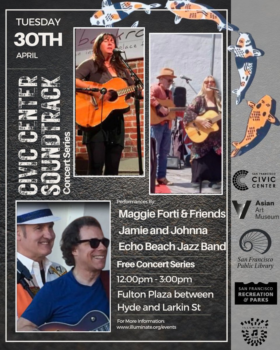 Fulton Plaza is featuring free live music tomorrow, Tue 4/30 w/ the Civic Center Soundtrack Concert Series Tomorrow's lineup features: Maggie Forti & Friends Jamie and Johnna Echo Beach Jazz Band Come out to Fulton Plaza 12-3pm & enjoy a long lunch! @recparksf @SFPublicLibrary