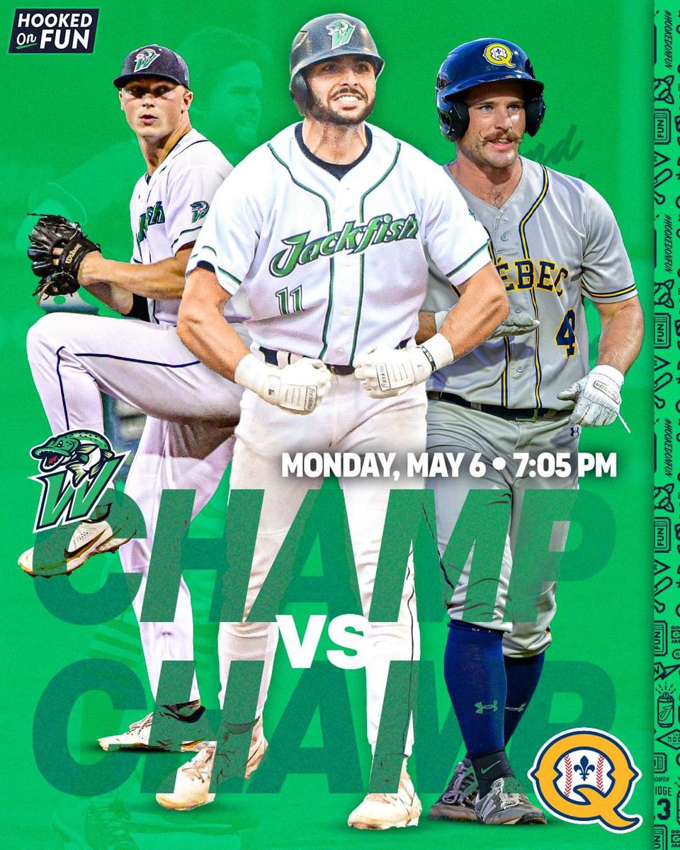 We play baseball on Monday ⚾️ 🏆 Champs vs. Champs 🏆 Join us on May 6th as the Jackfish take on @FLProBaseball Champion, @CapitalesQuebec in a Champion vs Champion pre-season game at The Pond 🔗 bit.ly/42mXwk1 🎟️ wellandjackfish.com/tix #HOOKEDonFUN