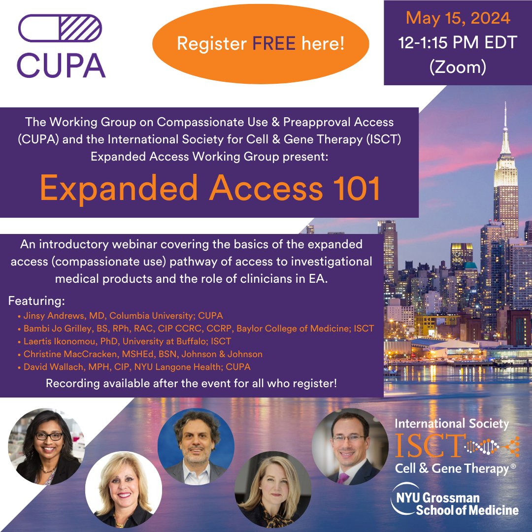 Are you a #Clinician? Can you foresee being part of a request for an #InvestigationalProduct on behalf of a #Patient? Join @CUPAethics and @ISCTglobal on 5/15 for a FREE 1-hour webinar covering the whole process—from initial request, IRB and FDA sign off, to dosing.