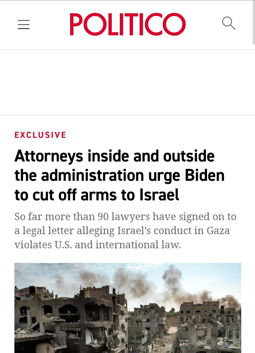🚨 Almeno 20 avvocati che lavorano con l'amministrazione Biden affermano che gli aiuti militari a Israele sono a questo punto illegali e vanno fermati. Lo riporta @politico. La lettera degli esperti legali sostiene che le azioni di Israele a Gaza non rispettano diverse