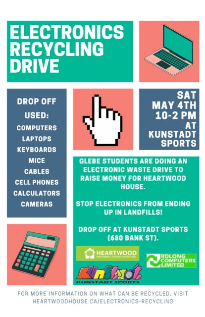 Hey Glebe residents & beyond: Stop e-waste from going into landfills & raise $ for @OttawaHeartwood! This Saturday, May 4th from 10-2pm drop off your used computers, cables, phones, TVs etc to #Glebe @KunstadtSports (680 Bank St parking lot)! RT & help spread the word!