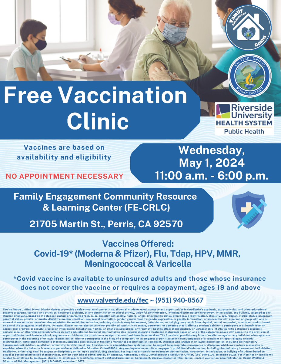 😀 Please join us-Free Vaccination Clinic in Partnership with Riverside University Health System-No appointment necessary this Wednesday 11:00 a.m. - 6:00 p.m. at our Family Engagement Community Resource & Learning Center Covid-19, Flu, Tdap, HPV, MMR, Meningococcal & Varicella