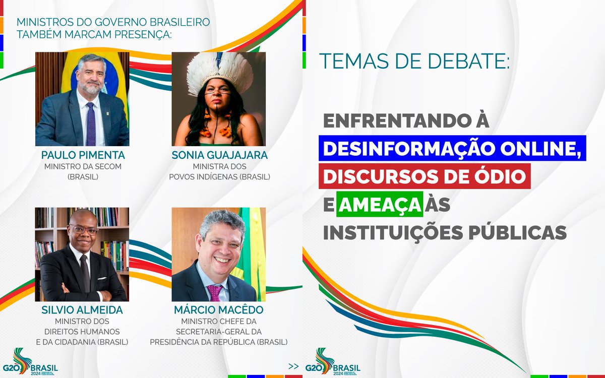 Em 2024, o Brasil lidera a discussão no G20 sobre um futuro digital justo e confiável. Esta semana, São Paulo sedia um evento paralelo do Grupo de Trabalho de Economia Digital do G20, discutindo os impactos das tecnologias digitais e a integridade da informação. Acompanhe aqui!