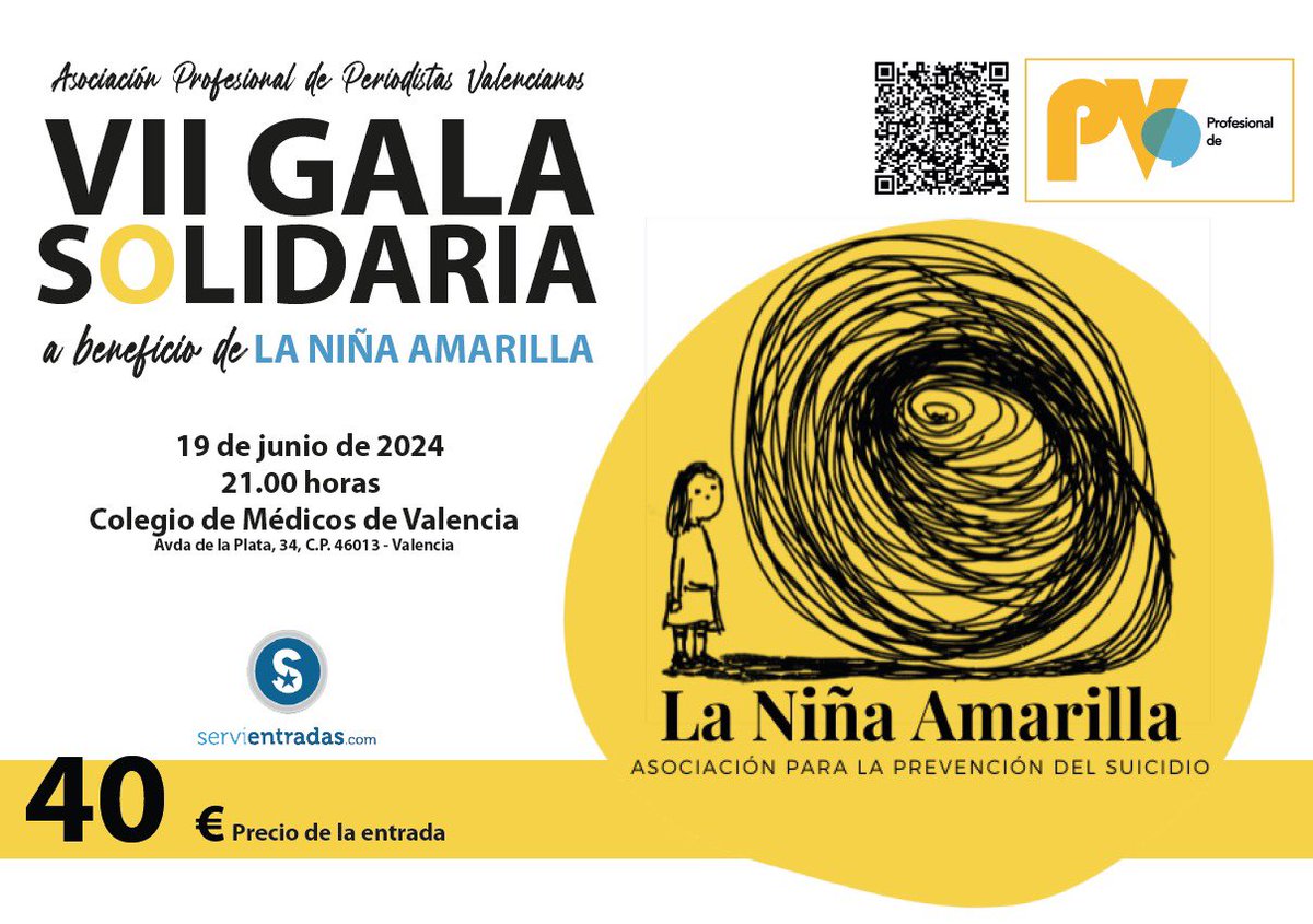 Este año la recaudación de la Gala Solidaria de la @_APPV_ será a beneficio de #LaNiñaAmarilla 💛👧🏼 📅 19/6 ⏰ 21h 📍Col. Médic🥼s de València Habrá delicias, música 🎶 y sorpresas🎁 👏🏻 Entrada 40€ o dona desde 5€ 🎫: servientradas.com/espectaculo/EN… ¡Gracias por compartir con el 🌌!