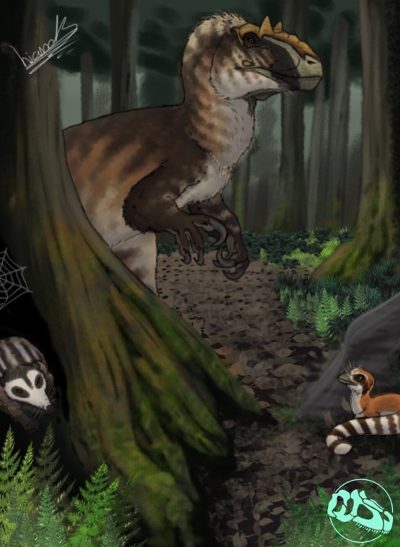 In a cold forest in Asia, in the Yixian formation, a male Yutyrannus inspects its territory, where the burrow of a Repenomamus and a Sinosauropteryx are hiding from its predator.