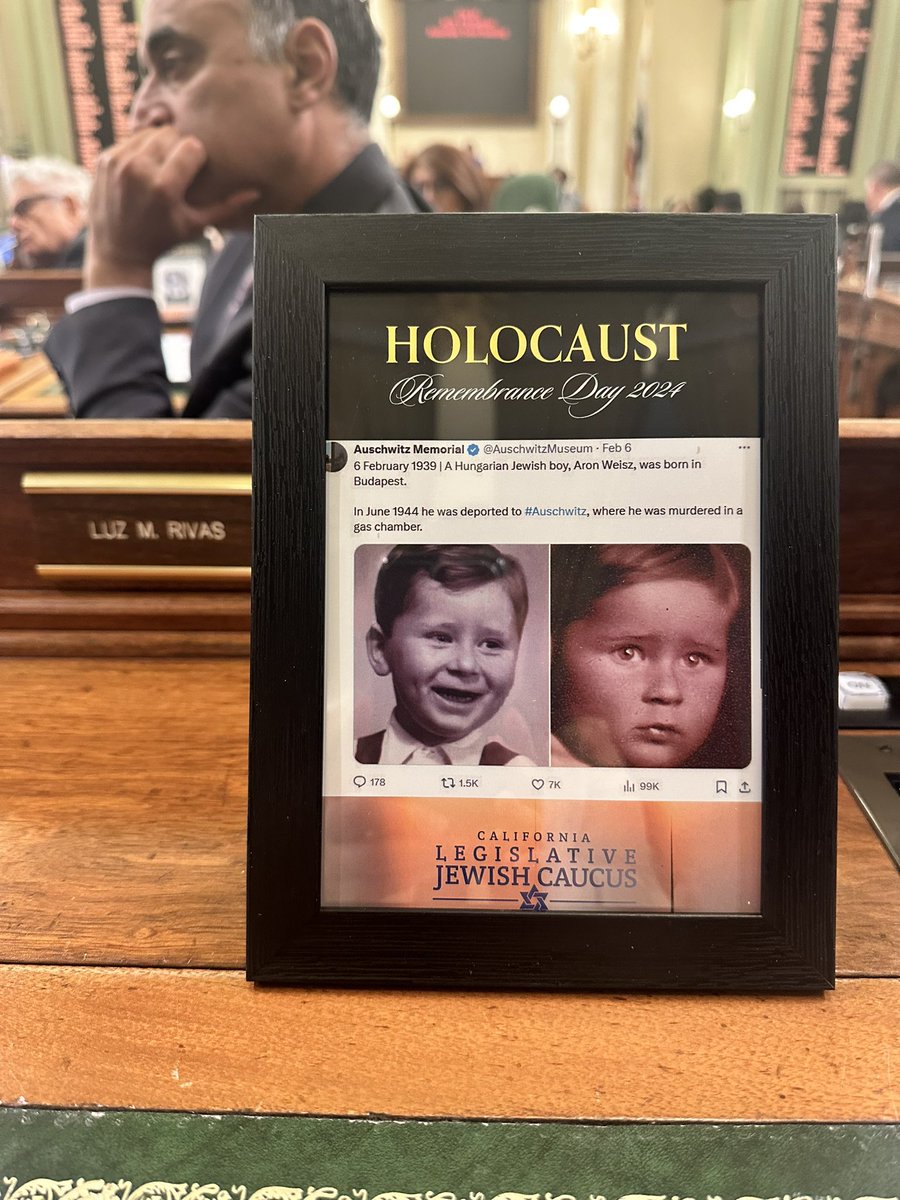 Today, we commemorated Holocaust Remembrance Day on the Assembly floor. Each member received a framed photo of an #Auschwitz victim that shares our birthday. Aron Weisz was born on Feb 6th 1939. He was murdered in a gas chamber in 1944. #ACR176 #NeverForget