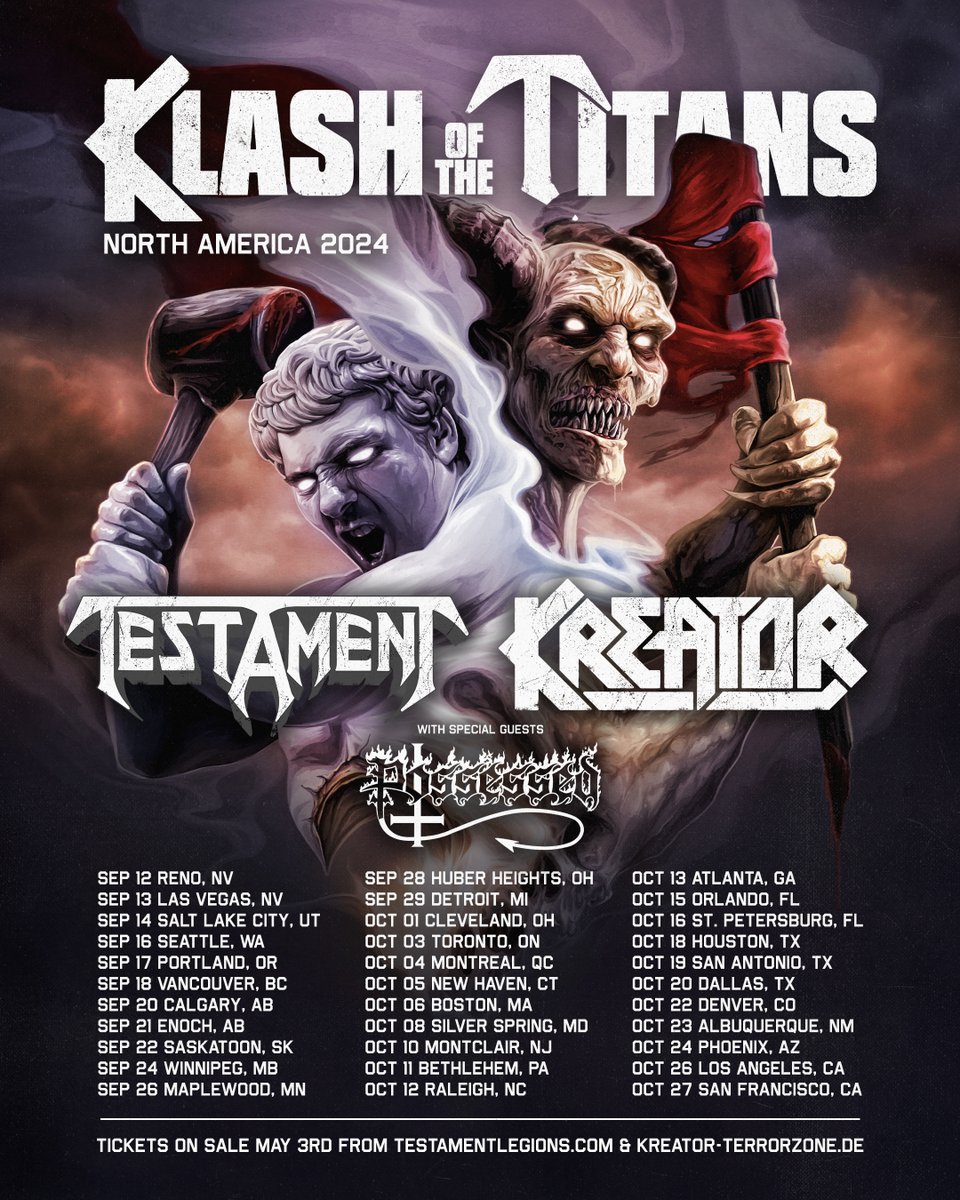 KLASH OF THE TITANS makes its triumphant return to North America this Fall w/TESTAMENT, @KREATOR & POSSESSED! @JeffBecerra We're performing an old-school set celebrating the re-release of THE LEGACY & THE NEW ORDER! Tickets on sale THIS FRIDAY at testamentlegions.com