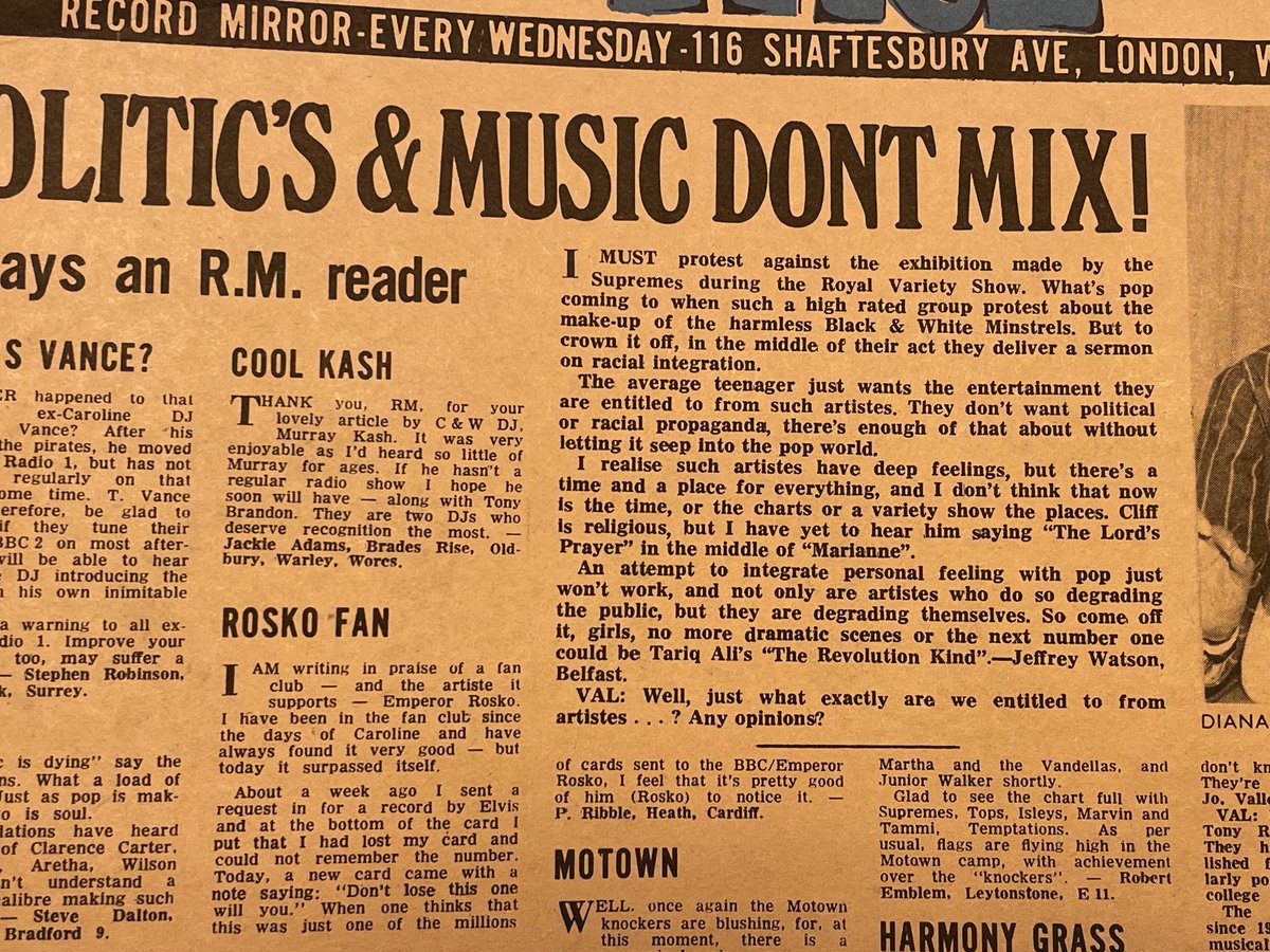 Letter to Record Mirror, December '68: 'What's pop coming to when such a high rated group protest about the make-up of the harmless Black & White Minstrels. But to crown it off, in the middle of their act they deliver a sermon on racial integration.'