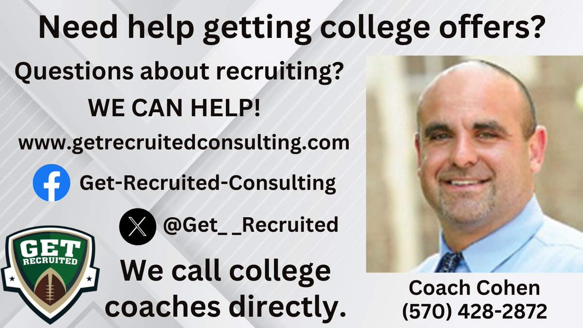 Questions about college football recruiting? getrecruitedconsulting.com can help. We get results because we call college coaches directly! Set up a meeting with Coach Cohen: calendly.com/getrecruitedte… or call (570) 428-2872. @Coach_Brady @GoMVB @jerryflora1 @1of1lifeskills