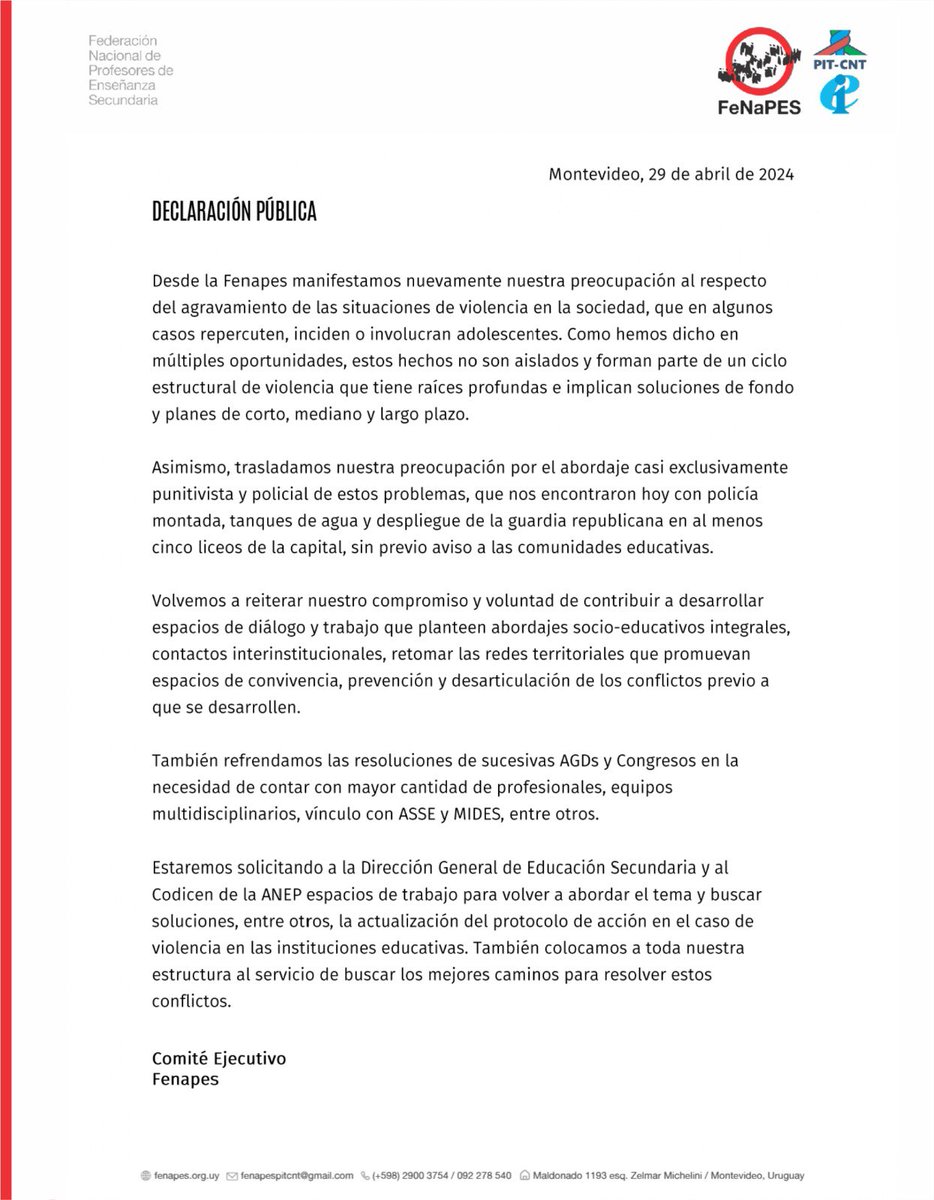 DECLARACIÓN
Ante los hechos de violencia de público conocimiento. 

#Compromiso6más1
#PorLaPública