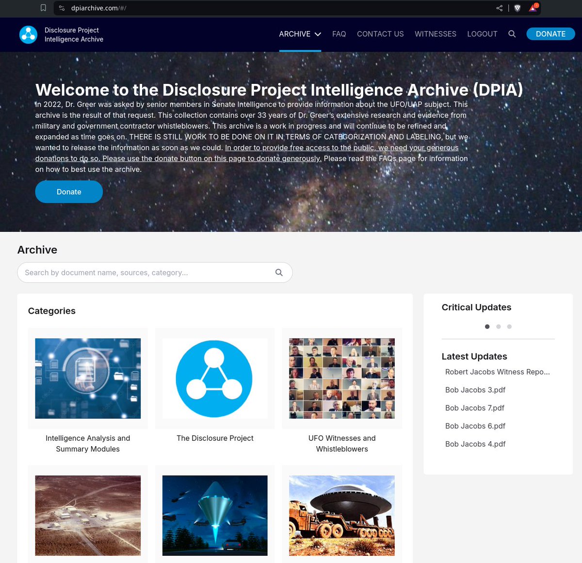 I Just registered for Steven Greer's  Disclosure Project Intelligence Archive (DPIA). It's free. This is a very big deal.
dpiarchive.com
#UAP