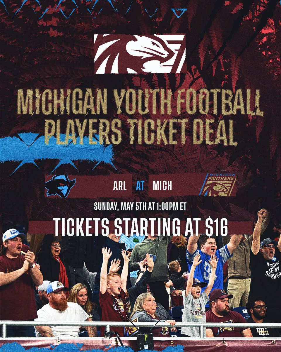 Join us for Kids Day on May 5th ‼️ We're offering a special ticket deal for Michigan youth football players. Tickets start at only $16 each! 🤩↓ 🎟️: offer.fevo.com/michigan-panth…