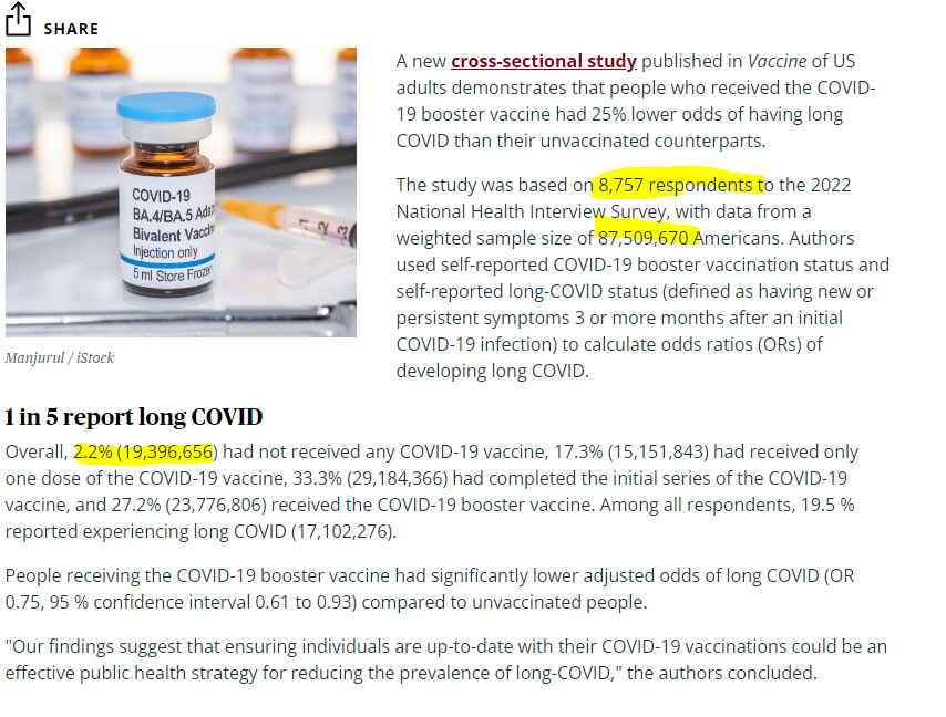 #Covid #CovidLies #CovidDataManipulationIn this study, 'unvaccinated' are those who have not gotten the booster but actually have had the mRNA shots.  You can easily bet that the 8,757 respondents THE 0.01% OF THE TOTAL SAMPLE are not part of the 2.2% who did get any mRNA shot.