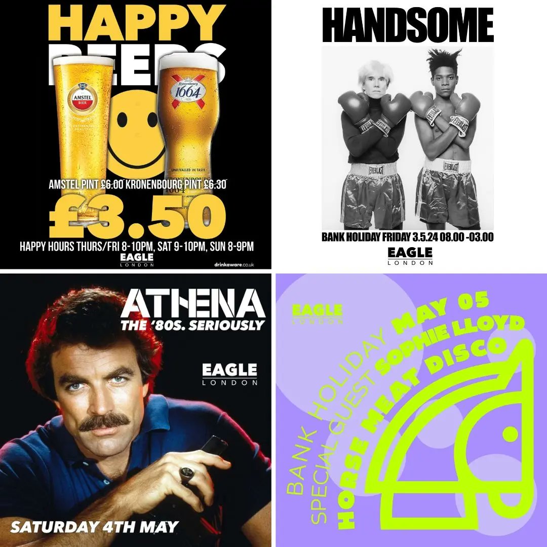 You're in for a BIG ONE this bank holiday weekend! Thu - Happy Thursdays Fri - Handsome House Party Sat - @ATHENA80sLDN Sun - @HorseMeatDisco Enjoy our Happy Hour drinks each day. Cheers to that! 🍺 🎟️ TICKETS AND MORE INFO eaglelondon.com