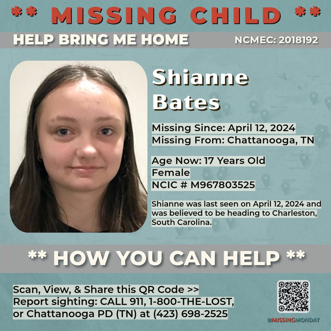 Have you seen Shianne Bates, 17, last seen April 12th in Chattanooga, TN? If you have ANY info, please call @ChattanoogaPD at 423-698-2525 or @NCMEC at 1-800-THE-LOST. Time is of the essence—let’s find her together this #MissingMonday! missingkids.org/poster/NCMC/20…