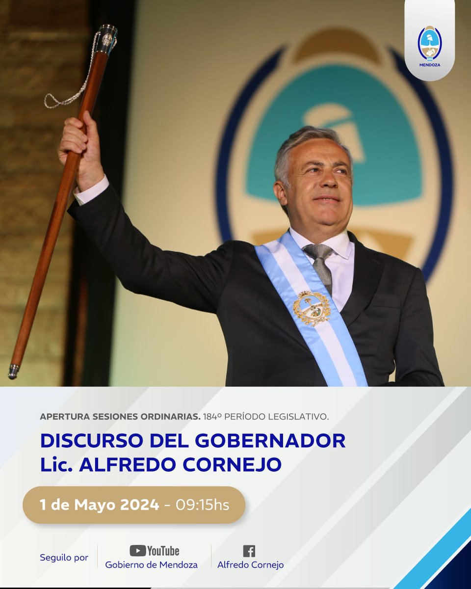 EL GOBERNADOR ALFREDO CORNEJO BRINDARÁ SU DISCURSO ANTE LA ASAMBLEA LEGISLATIVA ESTE 1º DE MAYO

➡️ El próximo miércoles se dará apertura a las Sesiones Ordinarias correspondiente al 184 Periodo Legislativo anual.
🔗 mendoza.gov.ar/prensa/cornejo…