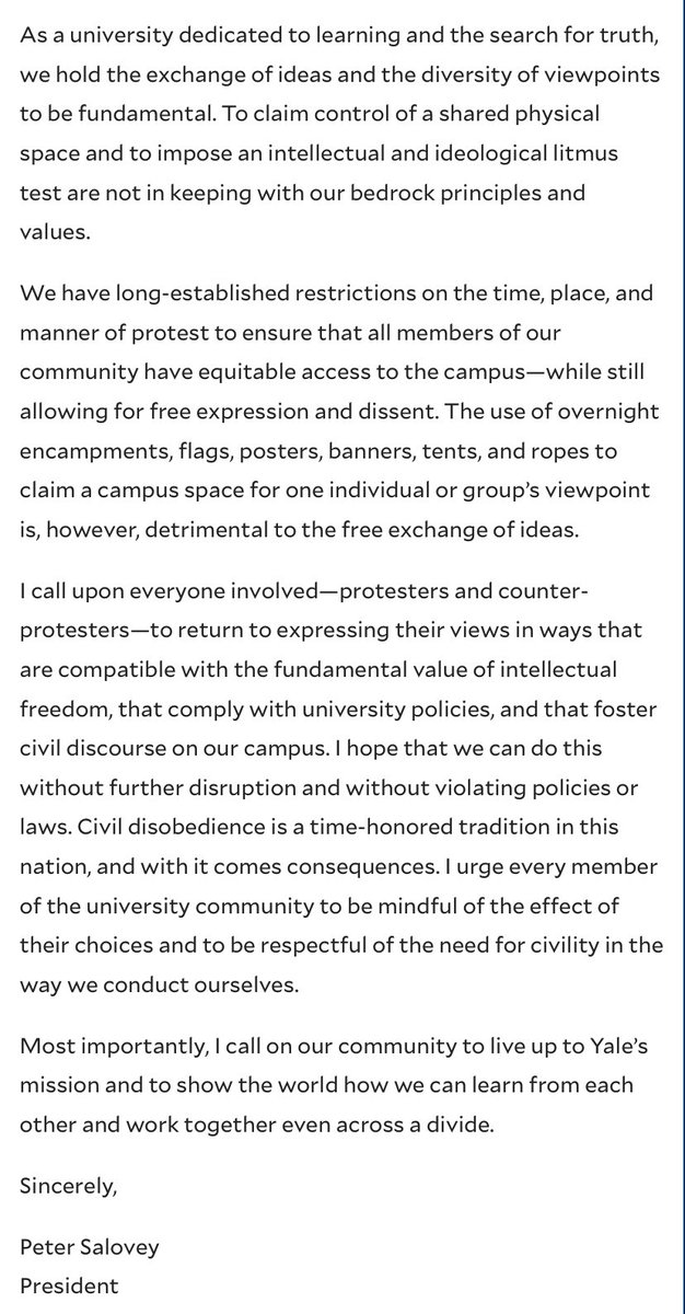 NEW statement from Yale President Peter Salovey: “What occurred yesterday on Cross Campus was the opposite of free expression.” “To claim control of a shared physical space and to impose an intellectual and ideological litmus test are not in keeping with our bedrock principles