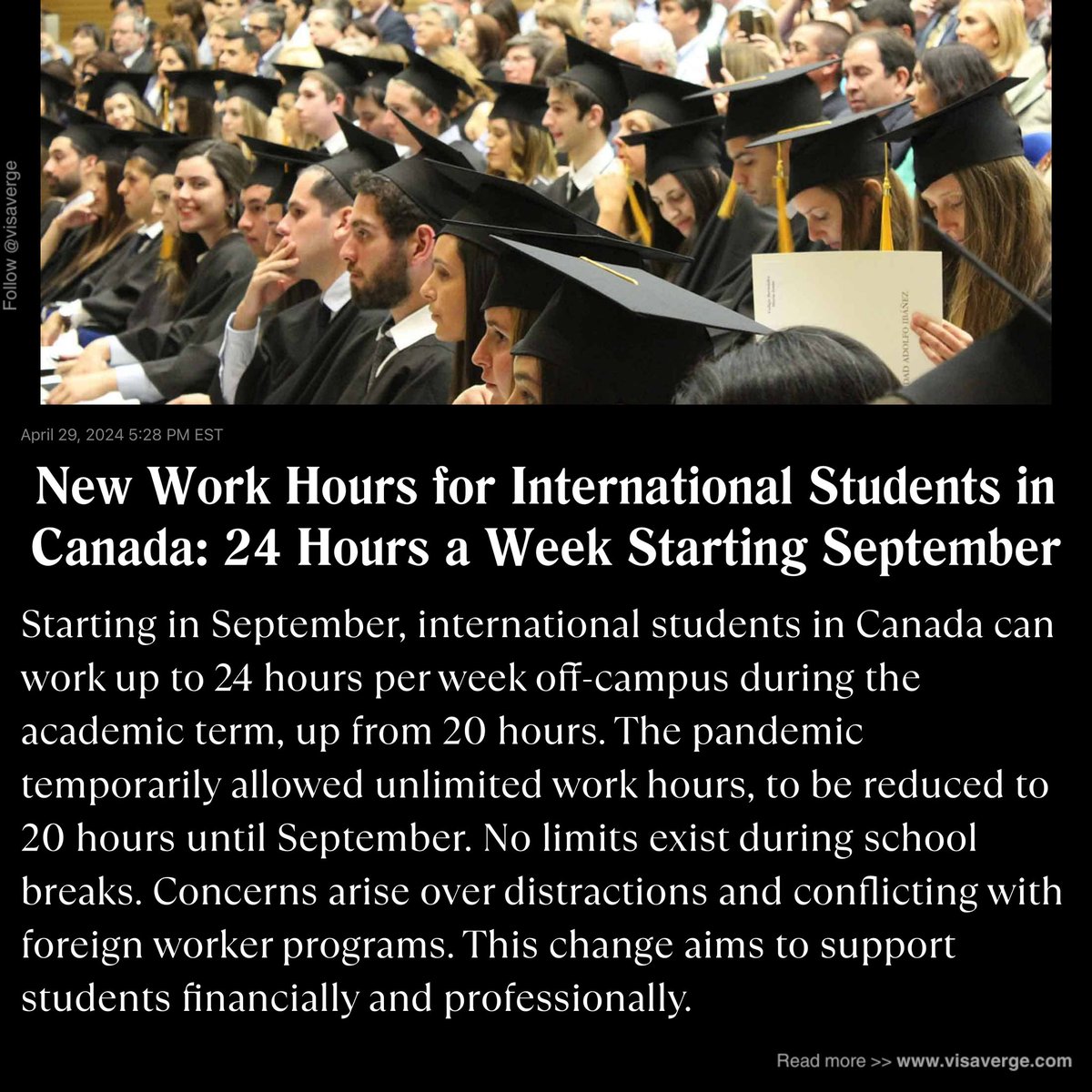 Exciting news! 🎉🌍 Immigration Minister Marc Miller announces international students can work off-campus 24 hours a week starting September. 📚💼 Get ready to balance work and study! #InternationalStudents #VisaVerge #StudyAbroad #WorkOpportunity @visaverge
